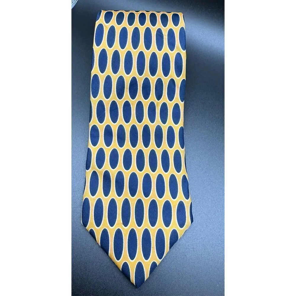 Lands’ End Men’s 100% Silk Neck Tie Yellow Blue Oval